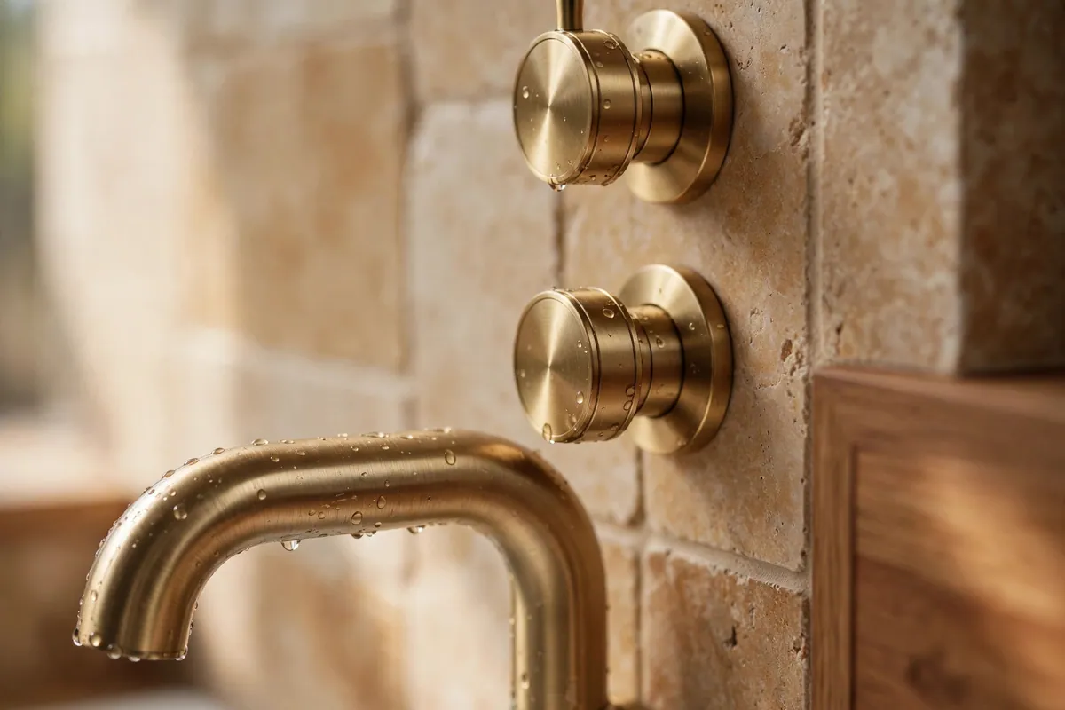 Close-up of brushed brass bathroom fixtures on warm stone tile.