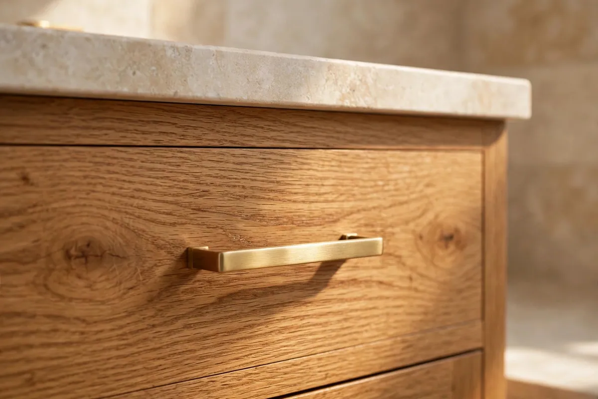 Close-up of a warm oak vanity front with a brass pull.